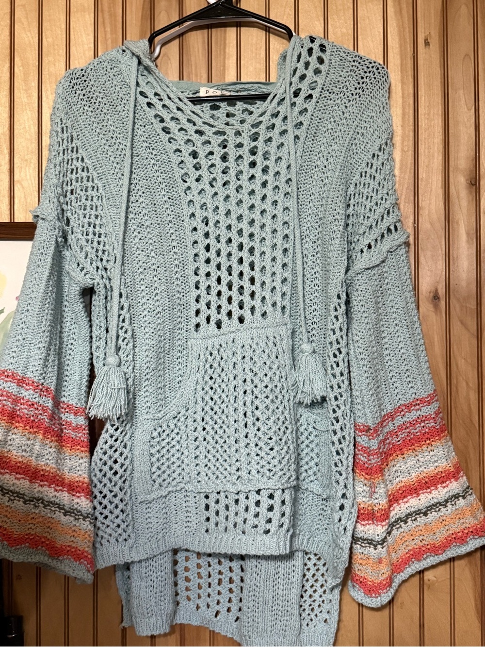 POL Clothing Open Knit Boho Hoodie Sweater - Striped Sleeves •Size Small•